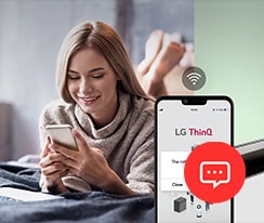 A woman lounges on a bed looking at her phone screen on one image. The second image shows that the refrigerator door has been left open. In the foreground of the two images is the phone screen which shows the LG ThinQ app notifications and the Wifi icon above the phone.