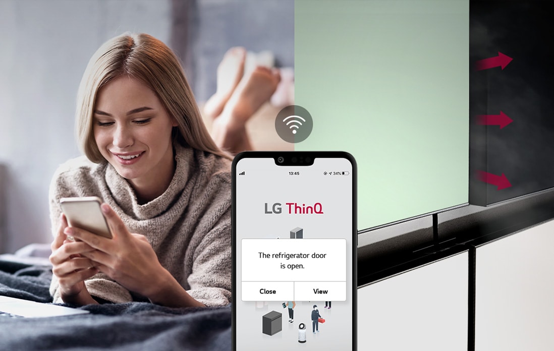 A woman lounges on a bed looking at her phone screen on one image. The second image shows that the refrigerator door has been left open. In the foreground of the two images is the phone screen which shows the LG ThinQ app notifications and the Wifi icon above the phone.