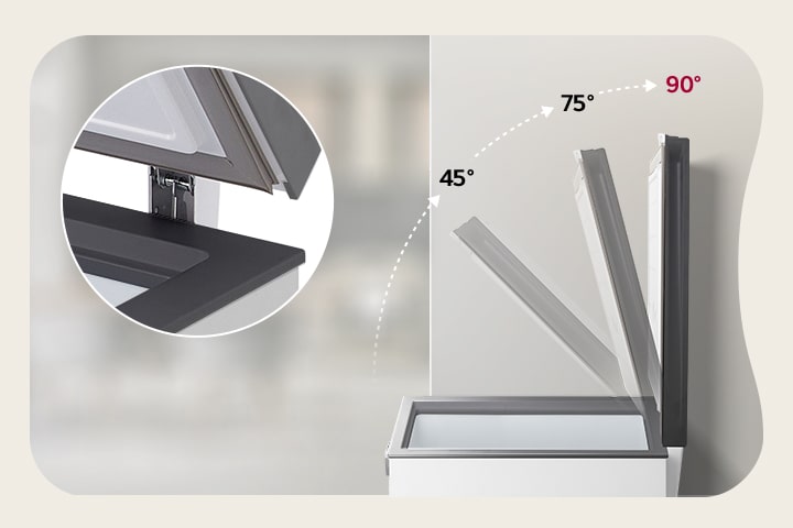 ฝาตู้แช่แข็ง LG เปิดได้กว้างถึง 90 องศา ช่วยให้ใส่และนำของออกได้ง่ายขึ้น