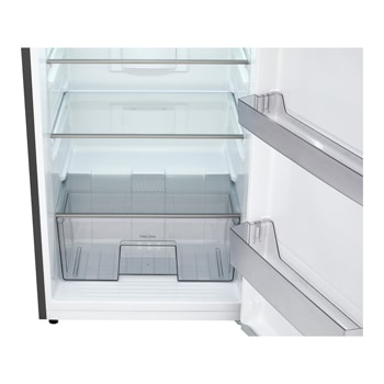 LG top freezer refrigerator interior showing bottom drawers and door shelves.