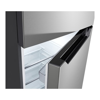 LG top freezer refrigerator with the freezer door partially open.