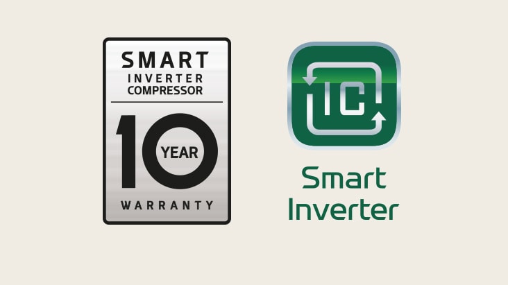 การรับประกัน 10 ปีสำหรับคอมเพรสเซอร์ Smart Inverter มีโลโก้อยู่ถัดจากโลโก้ Smart Inverter