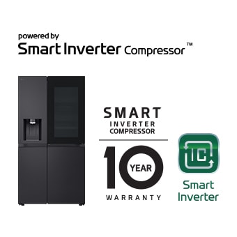 ภาพผลิตภัณฑ์พร้อมโลโก้ Smart Inverter Compressor™ และโลโก้การรับประกัน 10 ปี