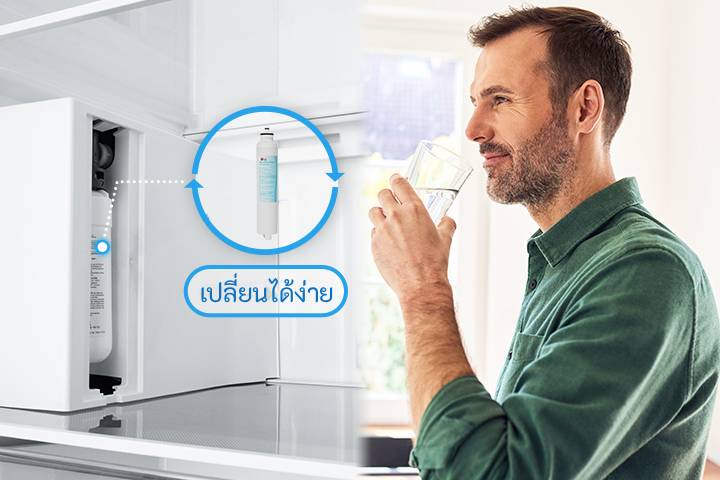 'แผ่นกรองสองแผ่นแยกกัน สามารถเปลี่ยนแผ่นกรองได้เองจากด้านซ้าย ทำให้สามารถดื่มน้ำสะอาดได้อย่างง่ายดาย