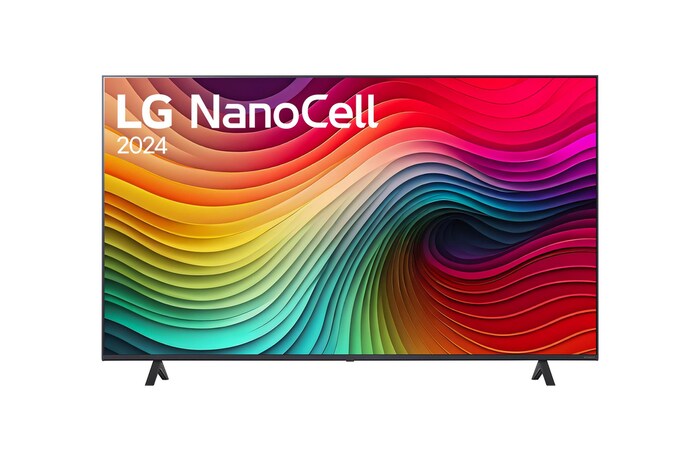 Front view of LG NanoCell TV, NANO81 with text of LG NanoCell, 2024, and webOS Re:New Program logo on screen