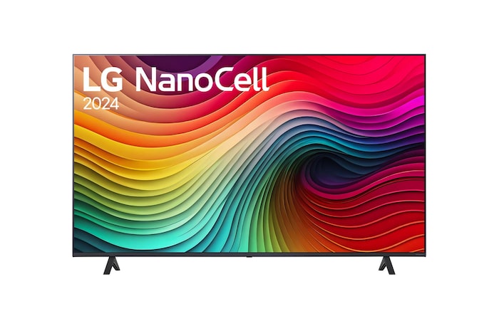 Front view of LG NanoCell TV, NANO81 with text of LG NanoCell, 2024, and webOS Re:New Program logo on screen
