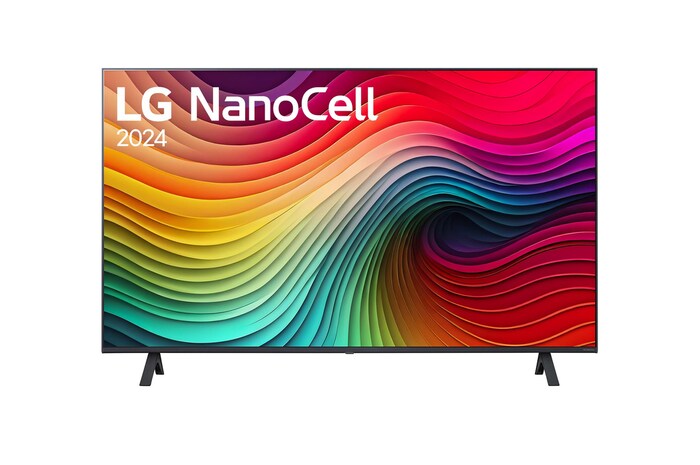 Front view of LG NanoCell TV, NANO81 with text of LG NanoCell, 2024, and webOS Re:New Program logo on screen
