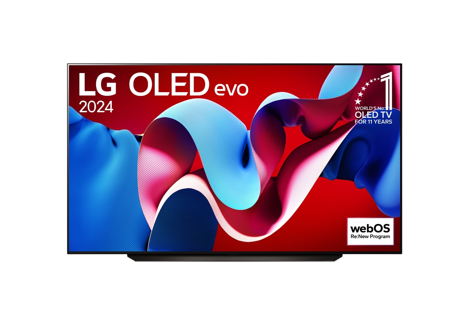 มุมมองด้านหน้าของ LG OLED evo AI TV, OLED C4, สัญลักษณ์ 11 ปีแห่งการเป็น OLED อันดับ 1 ของโลก และโลโก้โปรแกรม webOS Re:New บนหน้าจอ