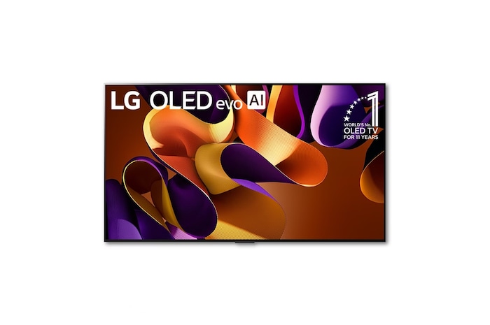 มุมมองด้านหน้าของ LG OLED evo AI TV, OLED G4, 11 ปีของ OLED อันดับ 1 ของโลก และโลโก้โปรแกรม webOS Re:New บนหน้าจอ