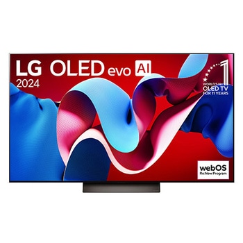 มุมมองด้านหน้าด้วยทีวี LG OLED evo, OLED C4, โลโก้สัญลักษณ์ OLED อันดับ 1 ของโลก 11 ปี และโลโก้โปรแกรม webOS Re:New บนหน้าจอ รวมถึงแถบเสียงด้านล่าง