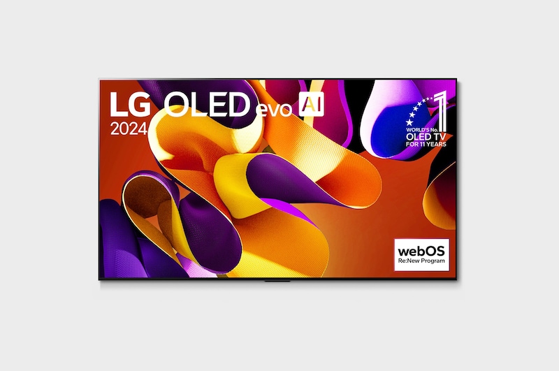 มุมมองด้านหน้าของ LG OLED evo AI TV, OLED G4, 11 ปีของ OLED อันดับ 1 ของโลก และโลโก้โปรแกรม webOS Re:New บนหน้าจอ