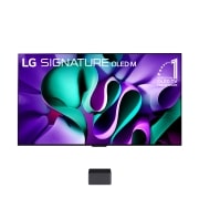 มุมมองด้านหน้าของ LG OLED TV, OLED M4 SIGNATURE, สัญลักษณ์ 11 ปีแห่งการเป็น OLED อันดับ 1 ของโลก, โลโก้โปรแกรม webOS Re:New และกล่อง Zero Connect พร้อมการถ่ายโอนวิดีโอและเสียงไร้สาย 4K ที่เชื่อมต่อกับทีวี และสัญญาณ Wi-Fi ออกมาจากกล่อง