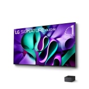Left-facing side view of LG OLED TV, OLED M4 SIGNATURE on a stand, and a Zero Connect Box placed below the TV