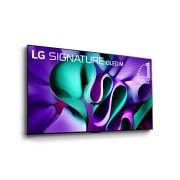 Slightly-angled right-facing side view of LG OLED TV, OLED M4 SINGATURE on a stand