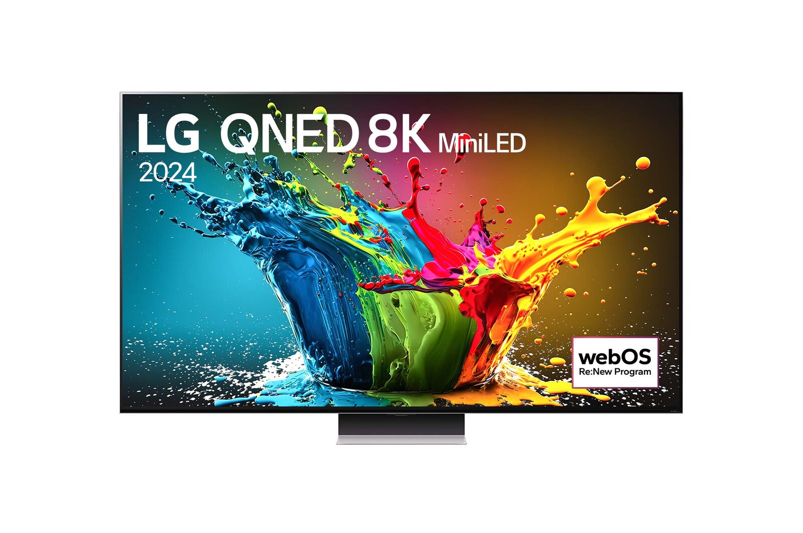 มุมมองด้านหน้าของ LG QNED TV, QNED99 พร้อมข้อความของ LG QNED 8K MiniLED, 2024 และโลโก้โปรแกรม webOS Re:New บนหน้าจอ