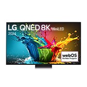 มุมมองด้านหน้าของ LG QNED TV, QNED99 พร้อมข้อความของ LG QNED 8K MiniLED, 2024 และโลโก้โปรแกรม webOS Re:New บนหน้าจอ