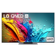 มุมมองด้านหน้าของ LG QNED TV, QNED86 พร้อมข้อความของ LG QNED, 2024 และโลโก้โปรแกรม webOS Re:New บนหน้าจอ