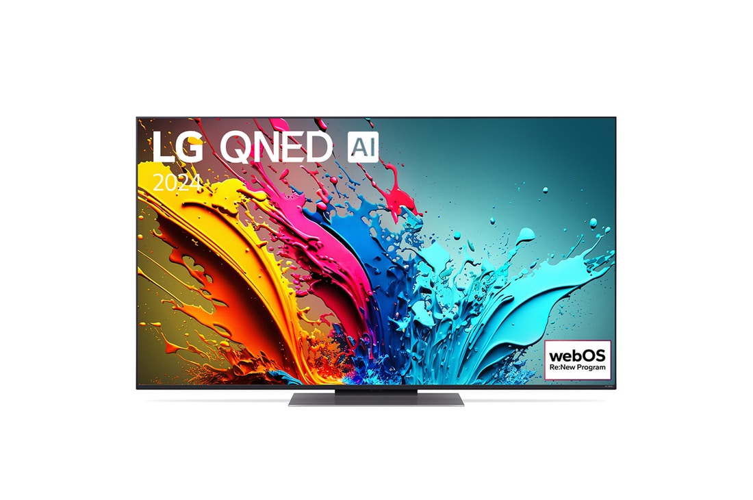 มุมมองด้านหน้าของ LG QNED TV, QNED86 พร้อมข้อความของ LG QNED, 2024 และโลโก้โปรแกรม webOS Re:New บนหน้าจอ