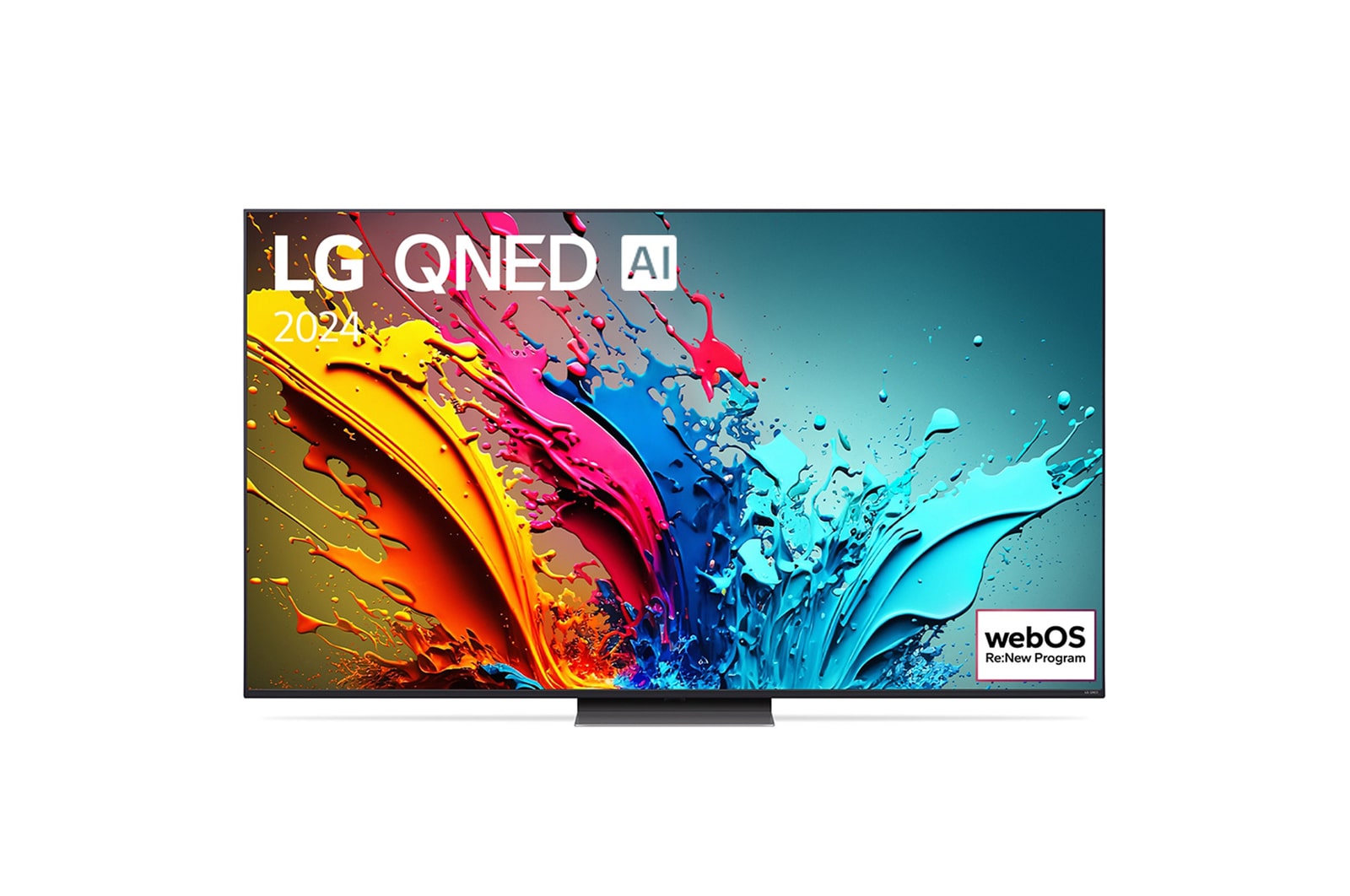 มุมมองด้านหน้าของ LG QNED TV, QNED86 พร้อมข้อความของ LG QNED, 2024 และโลโก้โปรแกรม webOS Re:New บนหน้าจอ