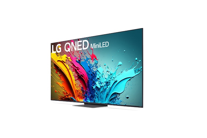 มุมมองด้านข้างหันไปทางซ้ายเล็กน้อยของ LG QNED TV, QNED86