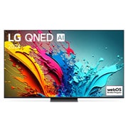 มุมมองด้านหน้าของ LG QNED TV, QNED86 พร้อมข้อความของ LG QNED, 2024 และโลโก้โปรแกรม webOS Re:New บนหน้าจอ