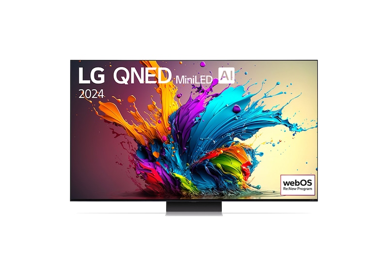มุมมองด้านหน้าของ LG QNED TV, QNED91 พร้อมข้อความของ LG QNED MiniLED, 2024 และโลโก้โปรแกรม webOS Re:New บนหน้าจอ