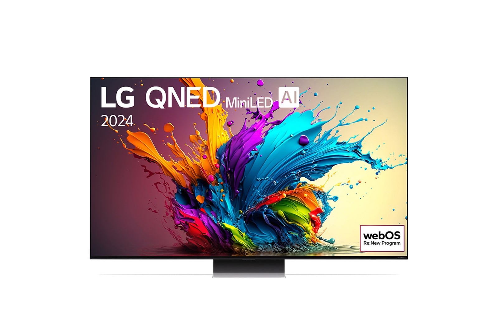มุมมองด้านหน้าของ LG QNED TV, QNED91 พร้อมข้อความของ LG QNED MiniLED, 2024 และโลโก้โปรแกรม webOS Re:New บนหน้าจอ