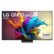 มุมมองด้านหน้าของ LG QNED TV, QNED91 พร้อมข้อความของ LG QNED MiniLED, 2024 และโลโก้โปรแกรม webOS Re:New บนหน้าจอ