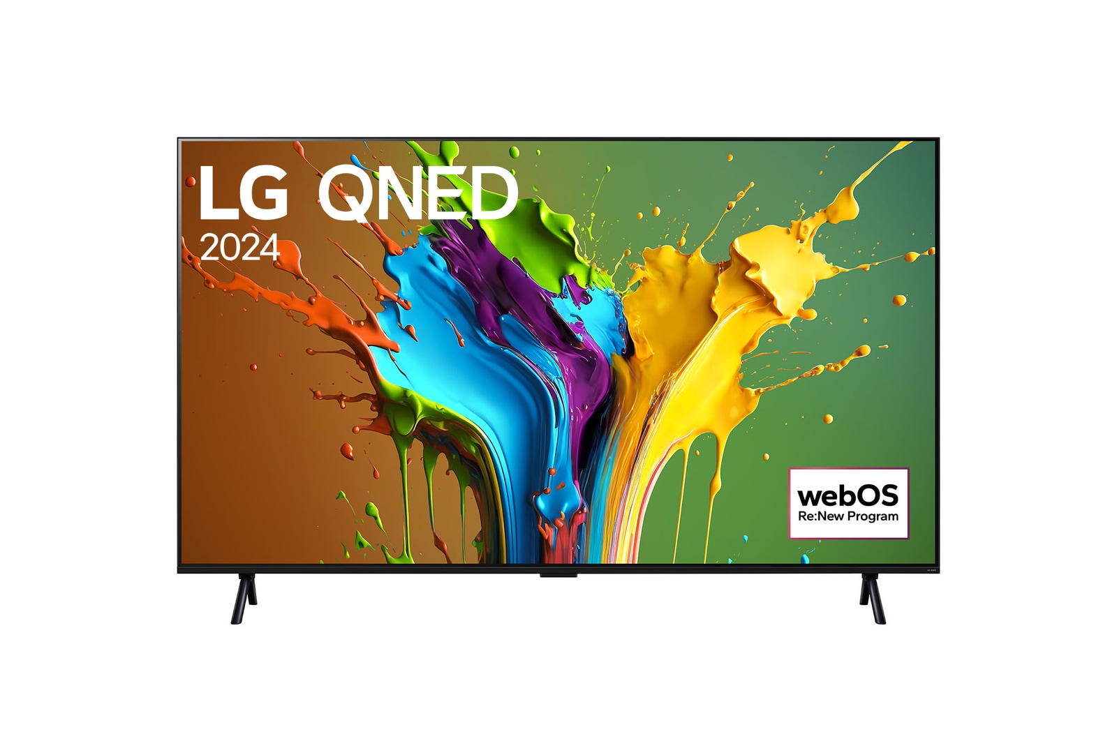 มุมมองด้านหน้าของ LG QNED TV, QNED89 พร้อมข้อความของ LG QNED, 2024 และโลโก้โปรแกรม webOS Re:New บนหน้าจอ
