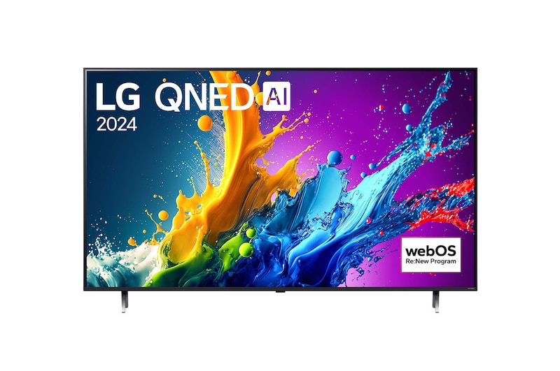 มุมมองด้านหน้าของ LG QNED TV, QNED85 พร้อมข้อความของ LG QNED, 2024 และโลโก้โปรแกรม webOS Re:New บนหน้าจอ