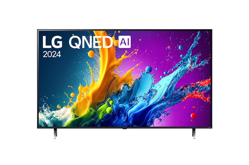 มุมมองด้านหน้าของ LG QNED TV, QNED85 พร้อมข้อความของ LG QNED, 2024 และโลโก้โปรแกรม webOS Re:New บนหน้าจอ