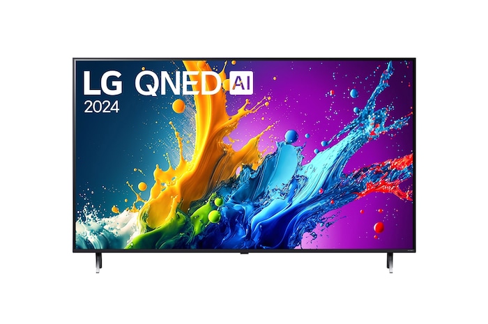 มุมมองด้านหน้าของ LG QNED TV, QNED85 พร้อมข้อความของ LG QNED, 2024 และโลโก้โปรแกรม webOS Re:New บนหน้าจอ