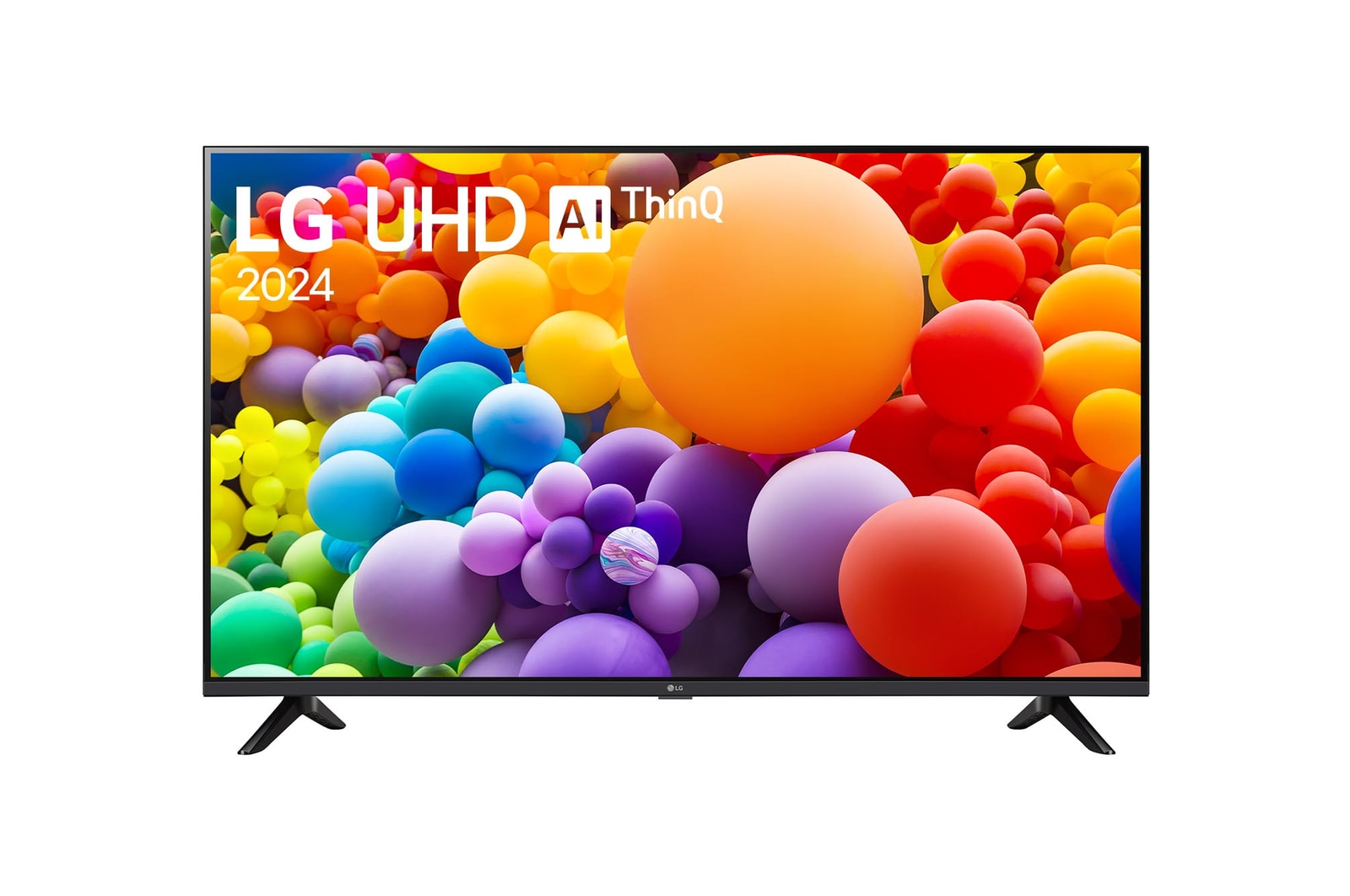 มุมมองด้านหน้าของ LG UHD TV, UT73 พร้อมข้อความ LG UHD AI, 2024 และโลโก้ webOS Re:New Program บนหน้าจอ
