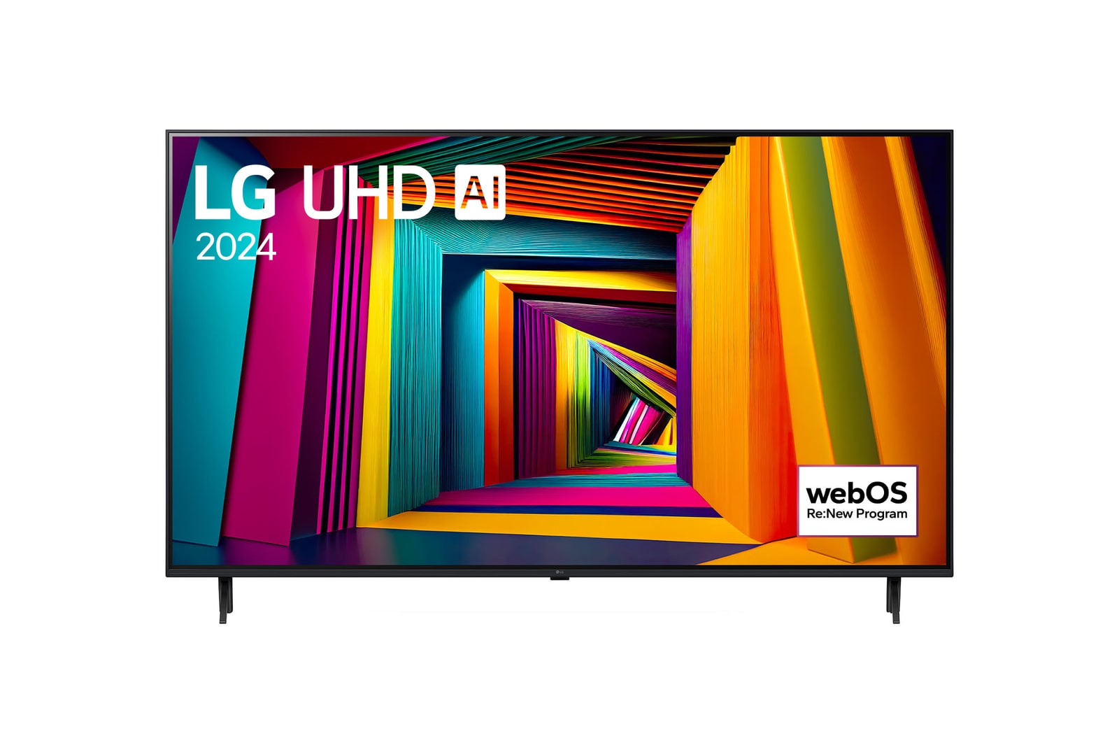 มุมมองด้านหน้าของ LG UHD TV, UT90 พร้อมข้อความของ LG UHD AI ThinQ, 2024 และโลโก้ webOS Re:New Program บนหน้าจอ