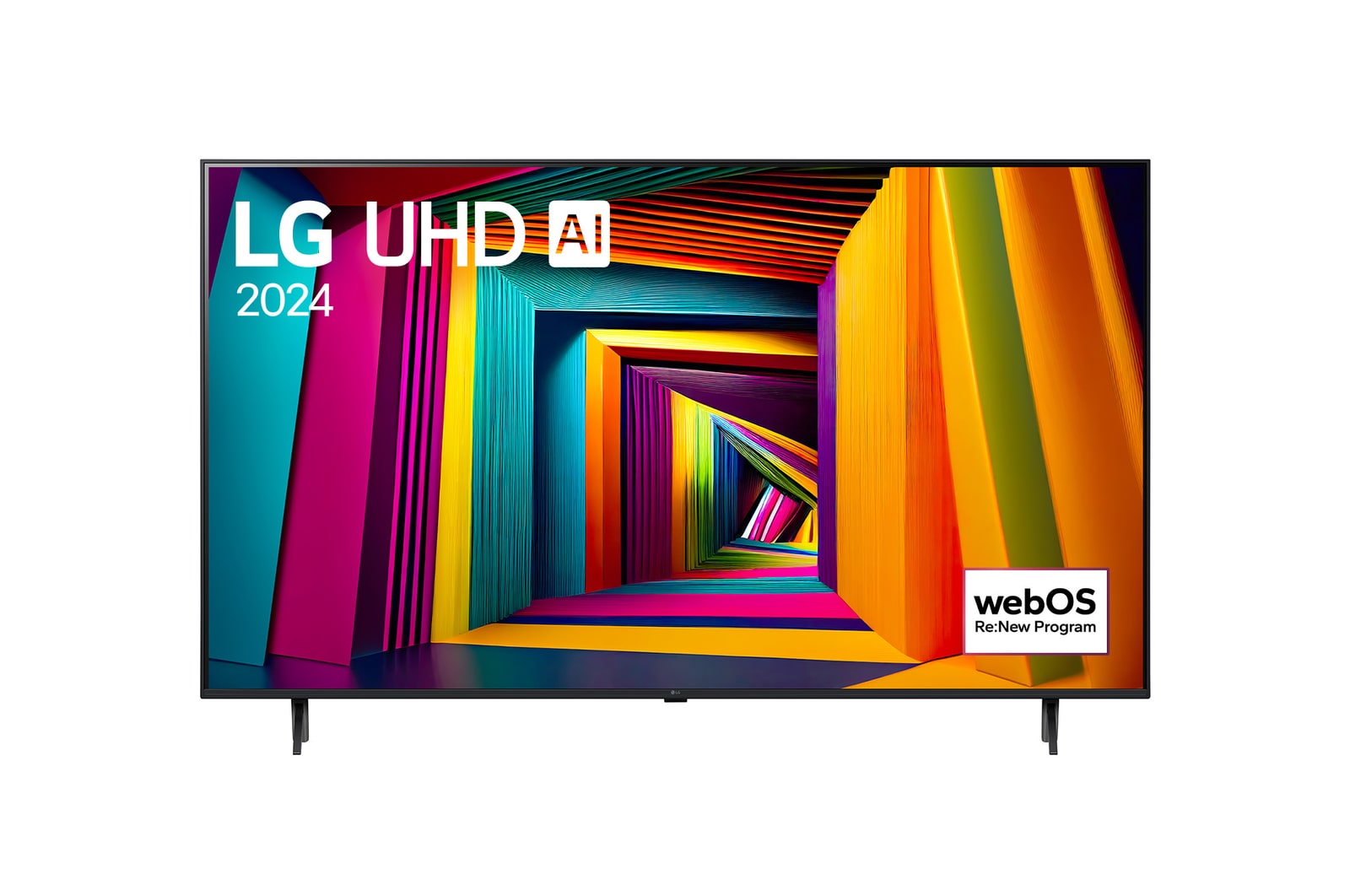 มุมมองด้านหน้าของ LG UHD TV, UT90 พร้อมข้อความของ LG UHD AI ThinQ, 2024 และโลโก้ webOS Re:New Program บนหน้าจอ