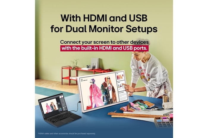 LG StanbyME 2 ภาพมือที่โต้ตอบกับหน้าจอสัมผัส แสดงให้เห็นถึงความสะดวกในการใช้งาน ข้อความกล่าวถึงความสามารถในการเชื่อมต่อหน้าจอของคุณกับอุปกรณ์อื่นๆ ได้อย่างง่ายดาย