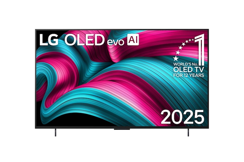 Front view of LG OLED evo AI C5 4K Smart TV. 12 Years of world number 1 OLED emblem and LG OLED evo AI 2025 logo are on the screen.
