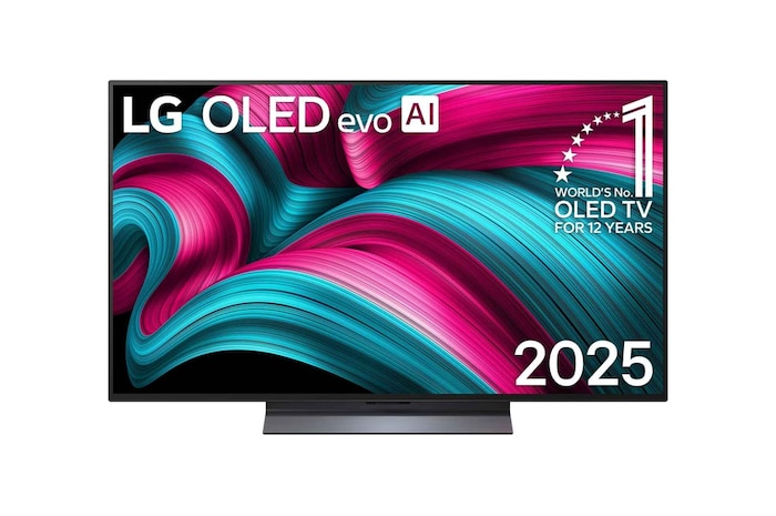 Front view of LG OLED evo AI C5 4K Smart TV. 12 Years of world number 1 OLED emblem and LG OLED evo AI 2025 logo are on the screen.