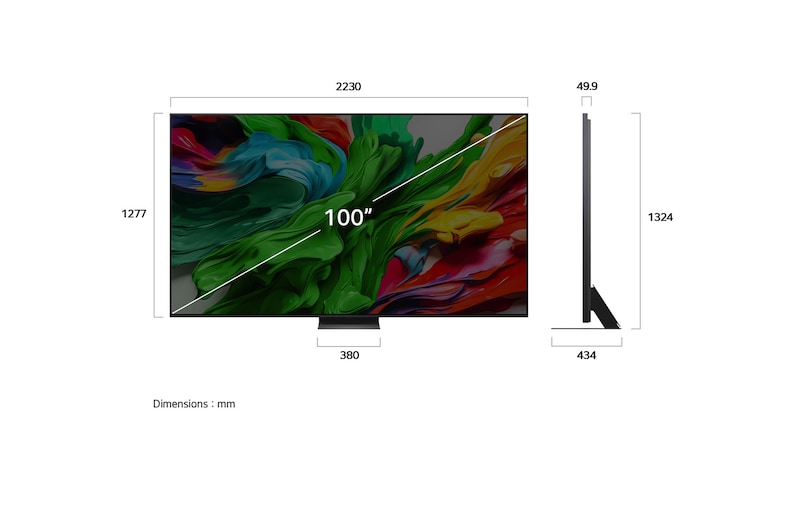 มุมมองด้านหน้าและด้านข้างของทีวีอัจฉริยะ 4K รุ่น LG QNED evo AI QNED85 ที่แสดงขนาดความยาว ความกว้าง ความสูง และความลึก