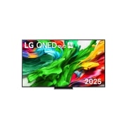 มุมมองด้านหน้าของทีวี LG QNED evo QNED86 โลโก้ LG QNED evo Al ที่มุมบน ทีวี LG QNED evo QNED85 แสดงให้เห็นพื้นผิวสีที่หลากสีสันที่รวมกัน (Add Modelsuffix)