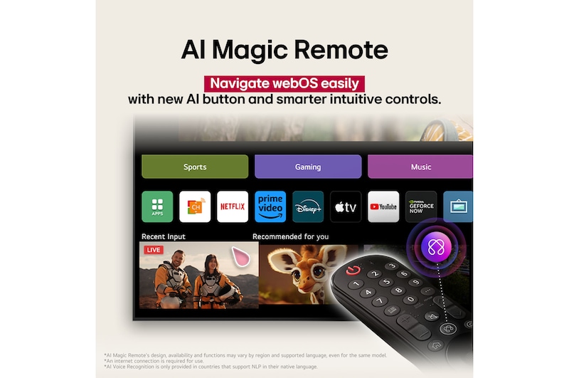 LG AI Magic Remote พร้อมปุ่ม AI ถูกเน้น รอบๆ ปุ่มดังกล่าวมีฟังก์ชันต่างๆ ที่ผู้ใช้สามารถเข้าถึงได้จากปุ่ม AI Voice ID, AI Search, AI Chatbot, AI Concierge, AI Picture Wizard, AI Sound Wizard ข้อความอธิบายว่า LG AI Magic Remote จะทำให้ประสบการณ์ AI ของคุณสมบูรณ์แบบด้วยปุ่ม AI เฉพาะและสามารถใช้งานได้เหมือนเมาส์อากาศ เพียงแค่ชี้และคลิก