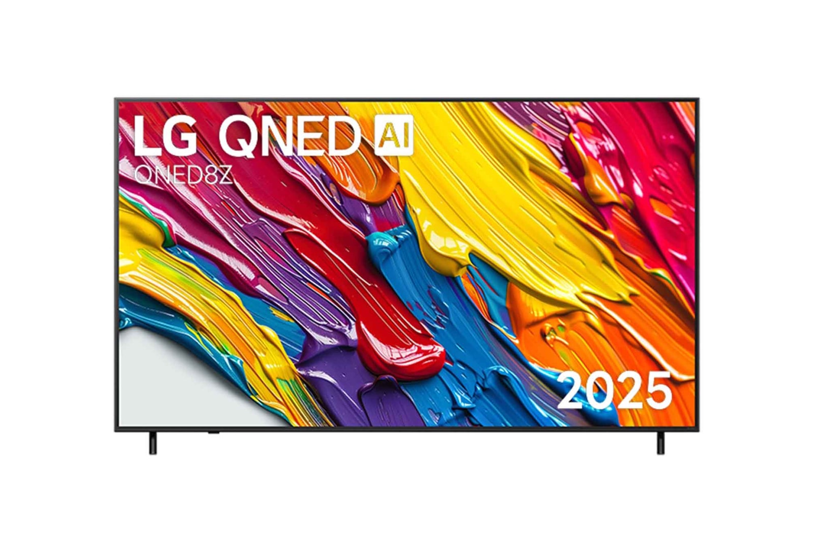 มุมมองด้านหน้าของทีวี LG QNED8Z โลโก้ LG QNED Al อยู่ที่มุมบน ทีวี LG QNED แสดงให้เห็นพื้นผิวสีที่สดใสมาบรรจบกัน 55QNED8ZASA.ATM