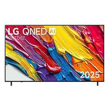มุมมองด้านหน้าของทีวี LG QNED8Z โลโก้ LG QNED Al อยู่ที่มุมบน ทีวี LG QNED แสดงให้เห็นพื้นผิวสีที่สดใสมาบรรจบกัน 55QNED8ZASA.ATM