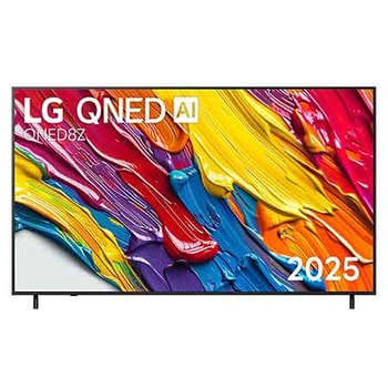 มุมมองด้านหน้าของทีวี LG QNED8Z โลโก้ LG QNED Al อยู่ที่มุมบน ทีวี LG QNED แสดงให้เห็นพื้นผิวสีที่สดใสมาบรรจบกัน 55QNED8ZASA.ATM