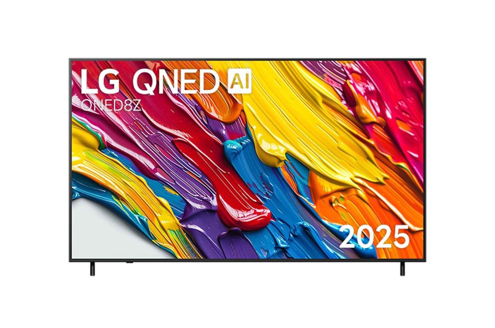 มุมมองด้านหน้าของทีวี LG QNED8Z โลโก้ LG QNED Al อยู่ที่มุมบน ทีวี LG QNED แสดงให้เห็นพื้นผิวสีที่สดใสมาบรรจบกัน 65QNED8ZASA.ATM