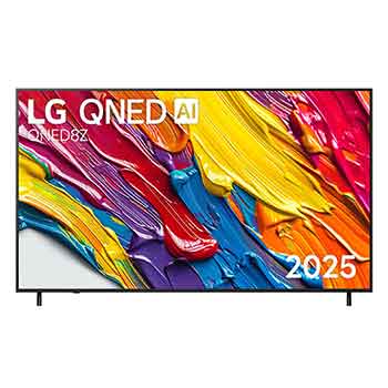 มุมมองด้านหน้าของทีวี LG QNED8Z โลโก้ LG QNED Al อยู่ที่มุมบน ทีวี LG QNED แสดงให้เห็นพื้นผิวสีที่สดใสมาบรรจบกัน 65QNED8ZASA.ATM