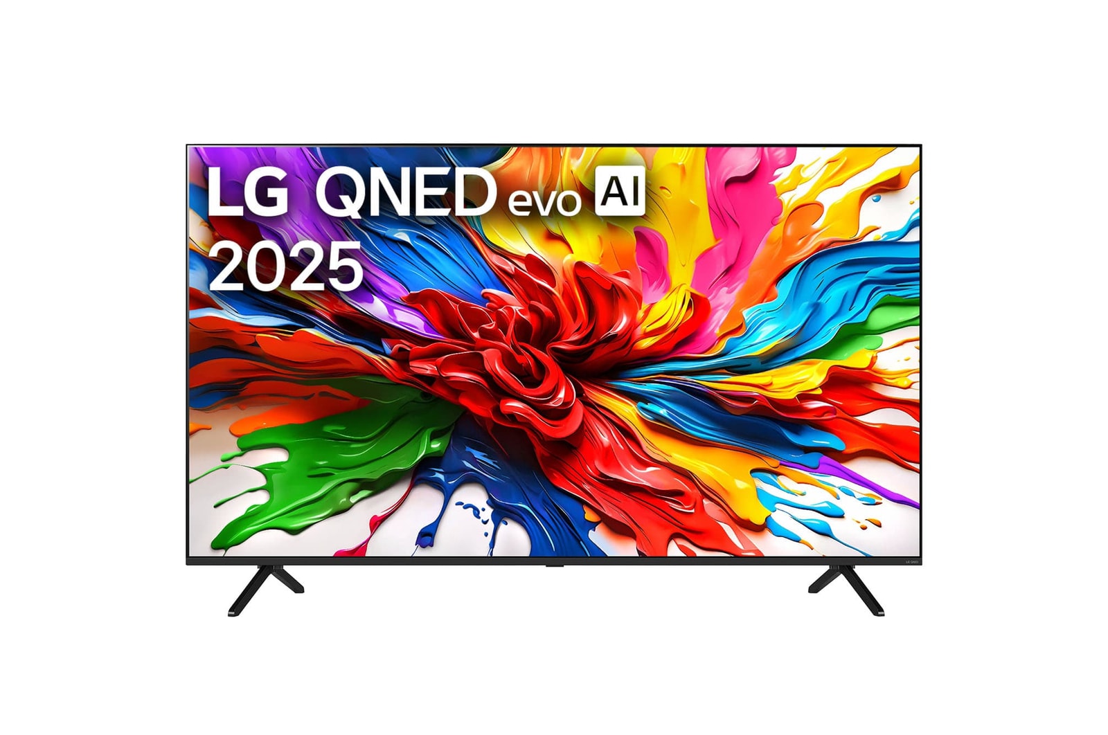 มุมมองด้านหน้าของทีวี LG QNED evo QNED92 โลโก้ LG QNED evo Al อยู่ที่มุมด้านบน ทีวี LG QNED evo แสดงให้เห็นพื้นผิวสีที่สดใสมาบรรจบกัน
