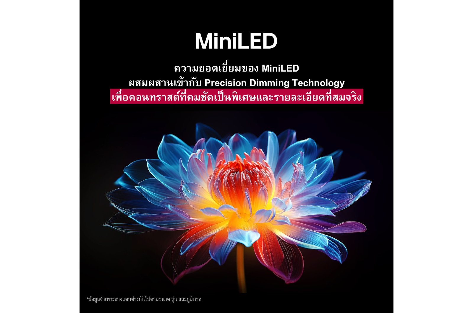 ดอกไม้โฮโลแกรม 3D ในเฉดสีต่างๆ มากมายบนพื้นหลังสีดำ การนิยามและรายละเอียดของดอกไม้แสดงให้เห็นถึงความสามารถของ QNED MiniLED ในการรังสรรค์ภาพด้วยสี ความสว่าง และคอนทราสต์ที่ยอดเยี่ยม หัวข้อพูดถึงการที่ MiniLED ช่วยเพิ่มความคมชัดและให้คอนทราสต์ที่โดดเด่น