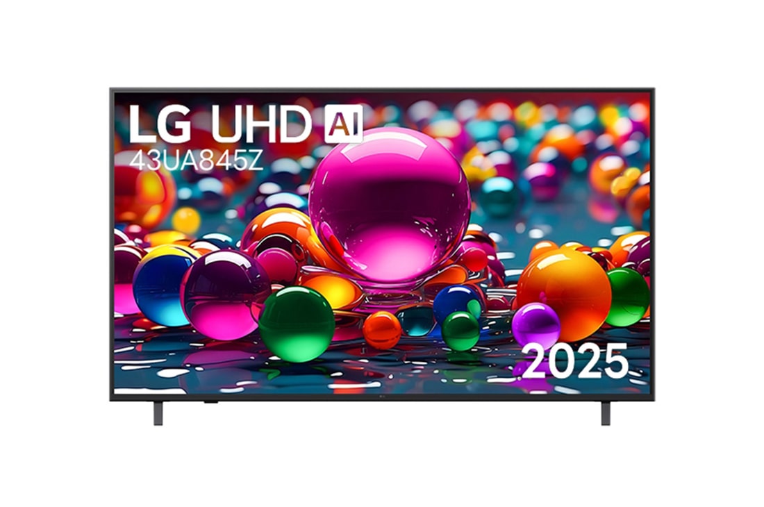มุมมองด้านหน้าของทีวี UHD UA84 โลโก้ LG UHD Al ที่มุมบน ทีวี LG UHD แสดงพื้นผิวสีสดใสที่รวมกัน  43ua845zpsa