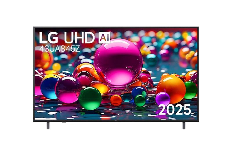 มุมมองด้านหน้าของทีวี UHD UA84 โลโก้ LG UHD Al ที่มุมบน ทีวี LG UHD แสดงพื้นผิวสีสดใสที่รวมกัน  43ua845zpsa